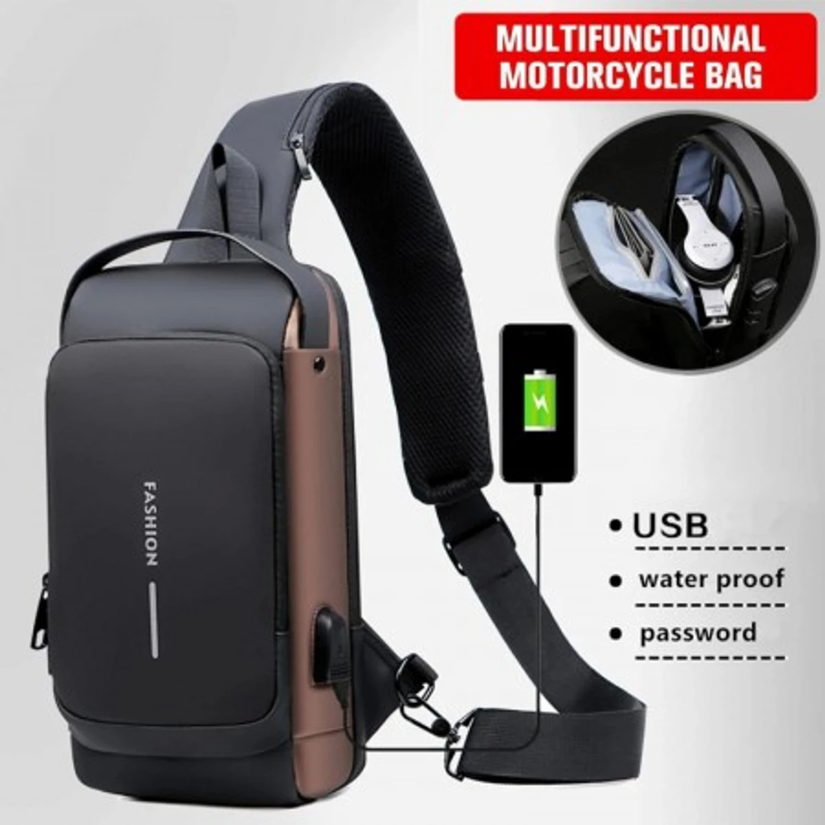 USB charging sport sling Anti-theft shoulder bag (brown shape )