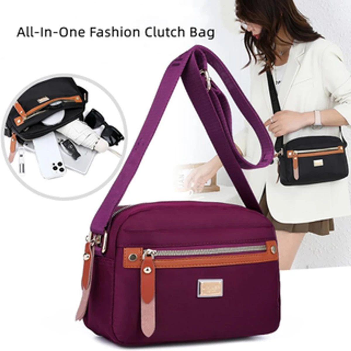 Nylon Fashion Cross-body Bag Lightweight Portable Shoulder Bag(purple color)