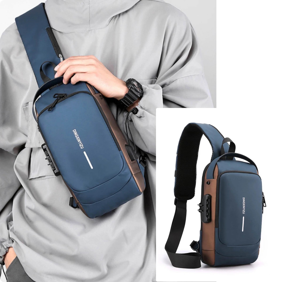 USB Charging Sport Sling Anti-theft Shoulder Bag, Waterproof (Blue Brown) - Image 3