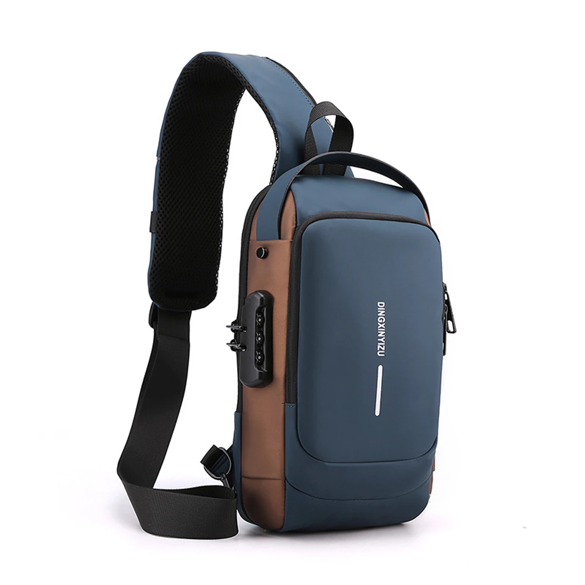 USB Charging Sport Sling Anti-theft Shoulder Bag, Waterproof (Blue Brown) - Image 4