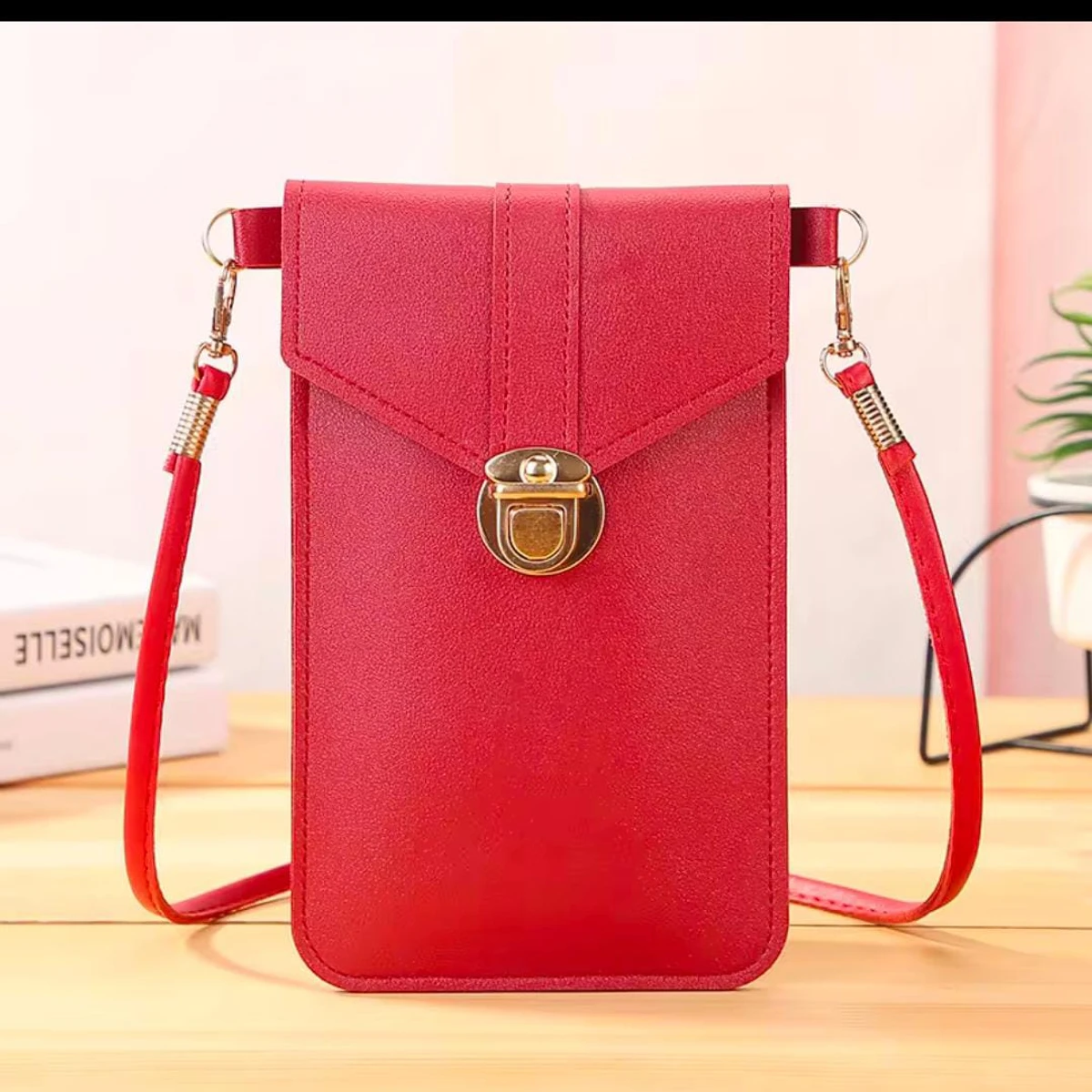 Women's PU Leather Phone Holder With Neck Strap Wallets Touch Screen Bags(Red)