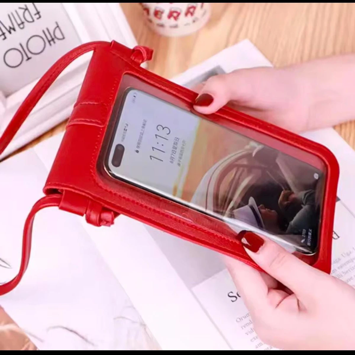 Women's PU Leather Phone Holder With Neck Strap Wallets Touch Screen Bags(Red)