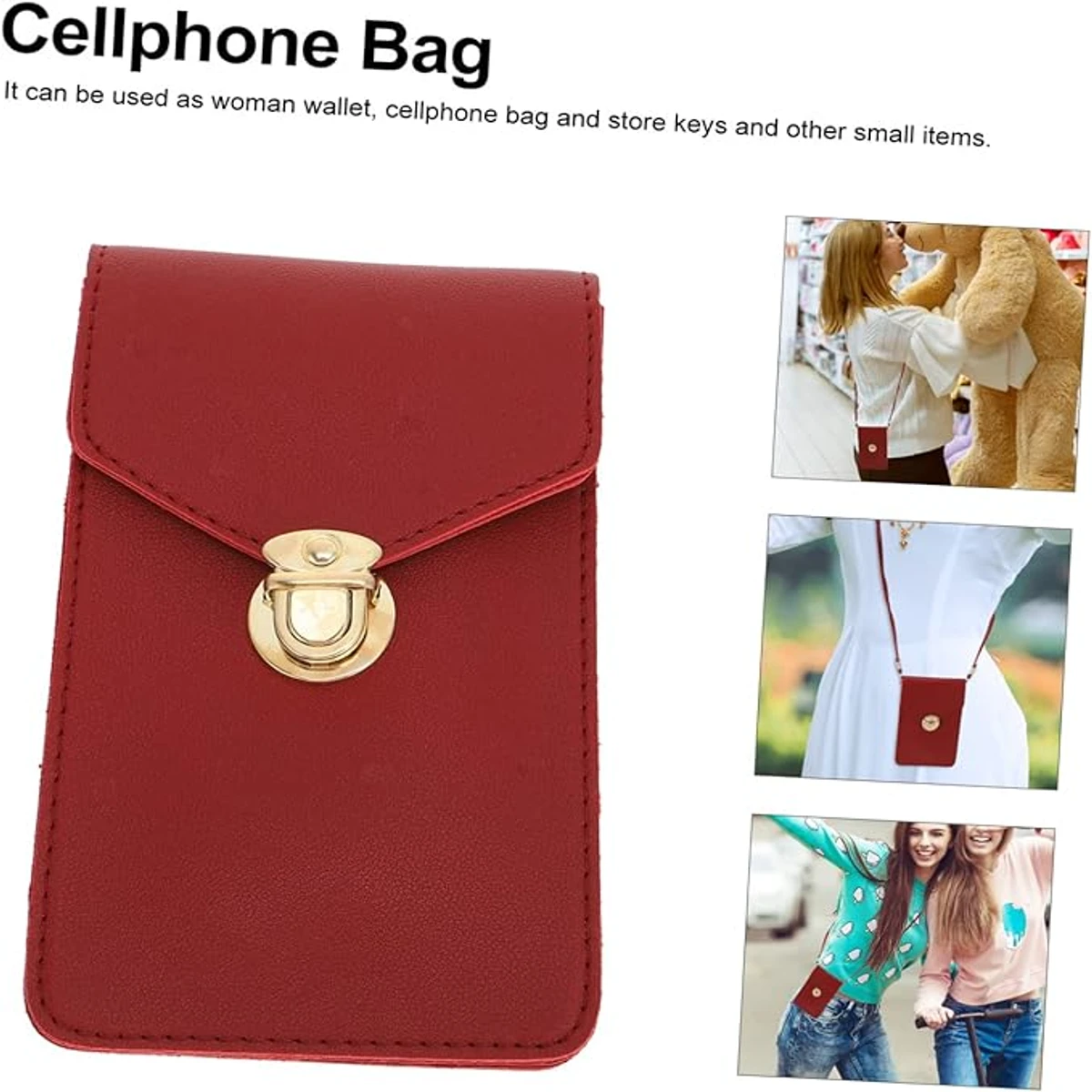 Women's PU Leather Phone Holder With Neck Strap Wallets Touch Screen Bags(Red) - Image 4