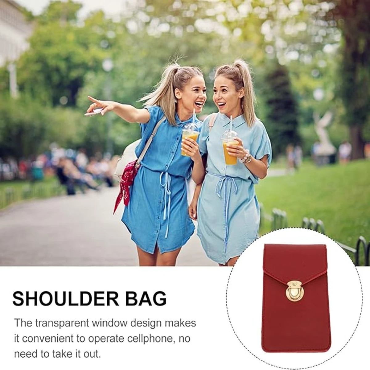 Women's PU Leather Phone Holder With Neck Strap Wallets Touch Screen Bags(Red) - Image 3