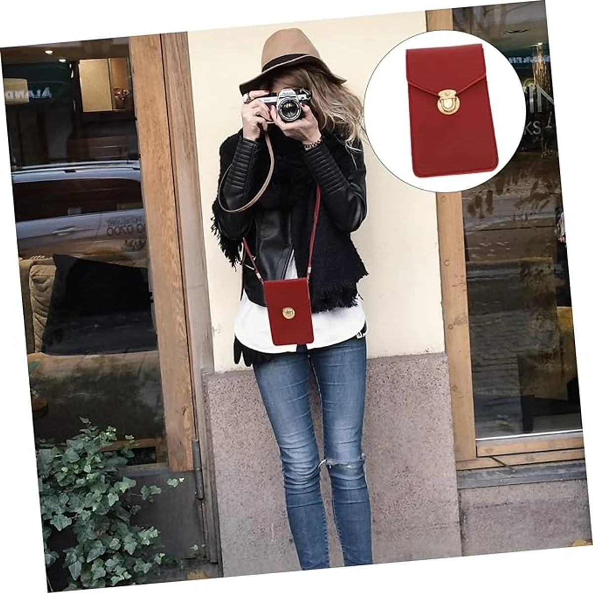 Women's PU Leather Phone Holder With Neck Strap Wallets Touch Screen Bags(Red) - Image 5