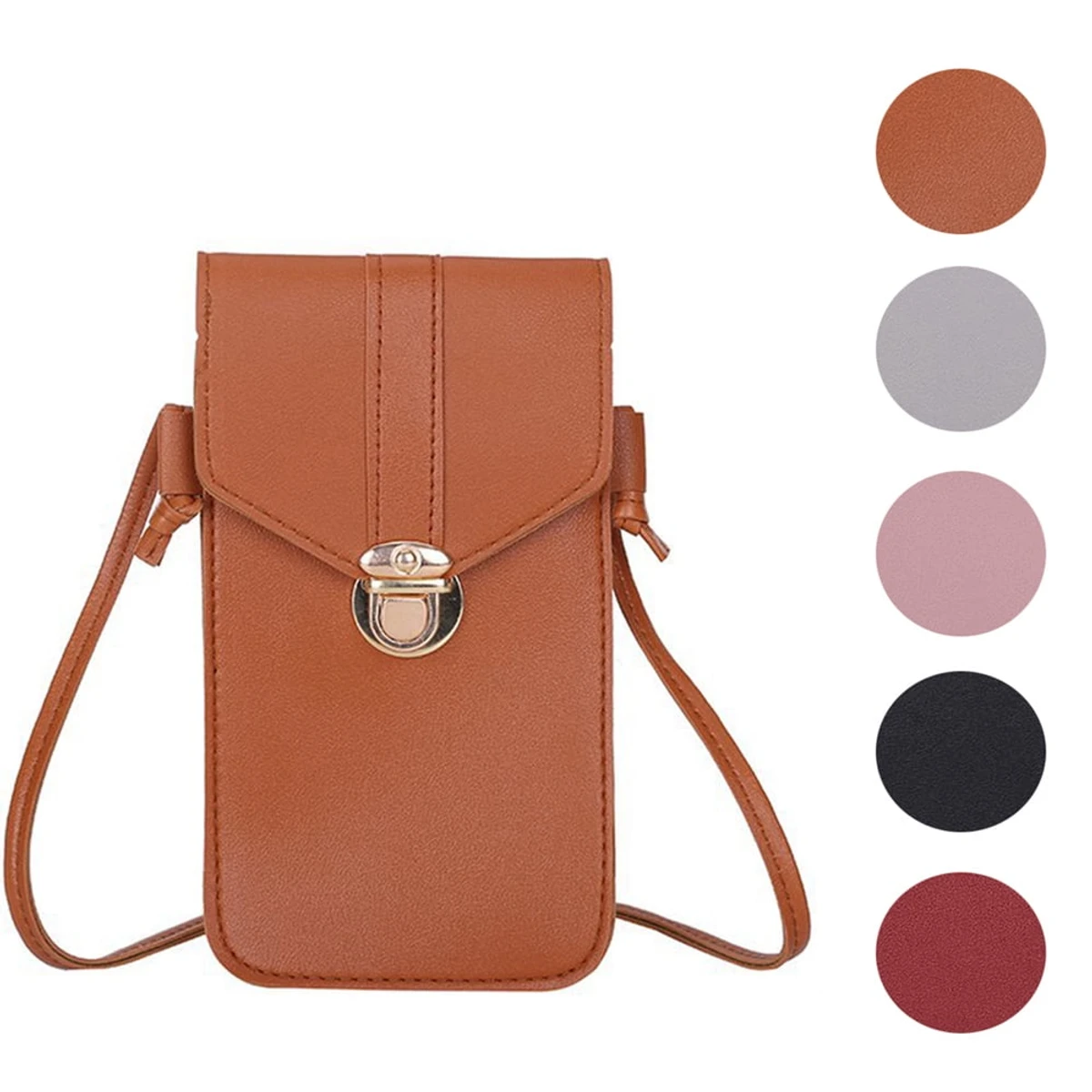 Women's PU Leather Phone Holder With Neck Strap Wallets Touch Screen Bags(Brown )