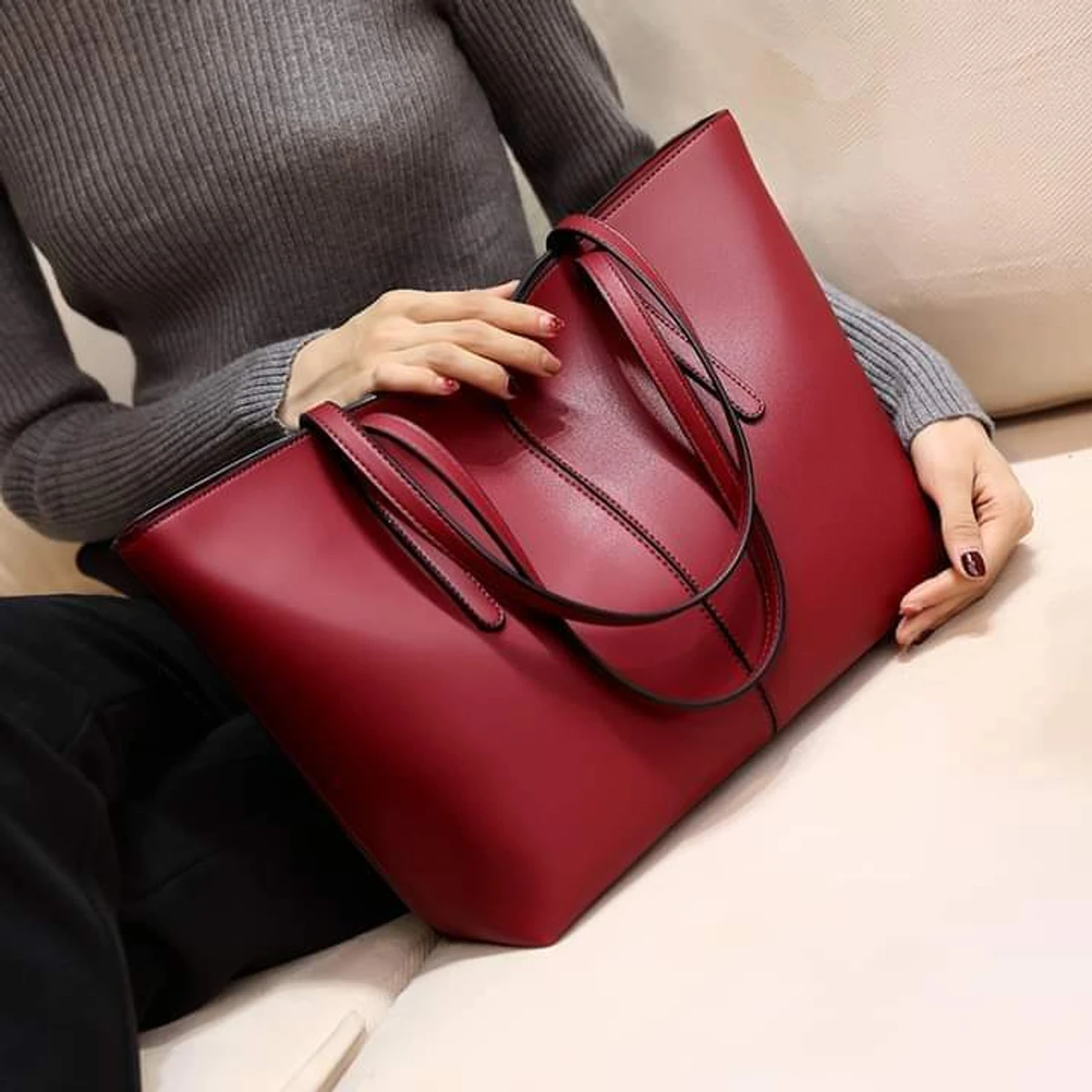 Luxury Hand Bag atypical leather(Red Wine) - Image 3