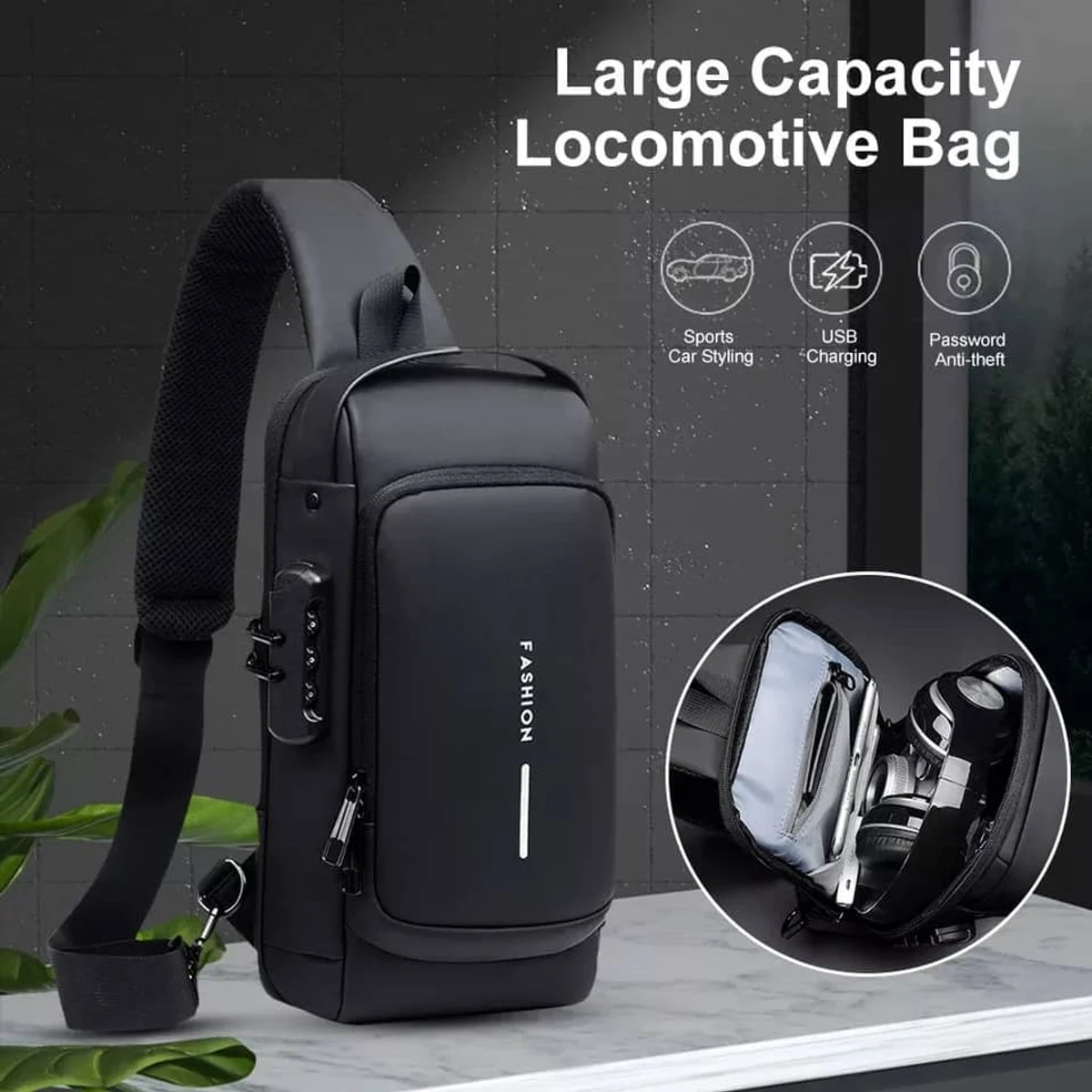 USB charging sport sling Anti-theft shoulder bag (Black shape)