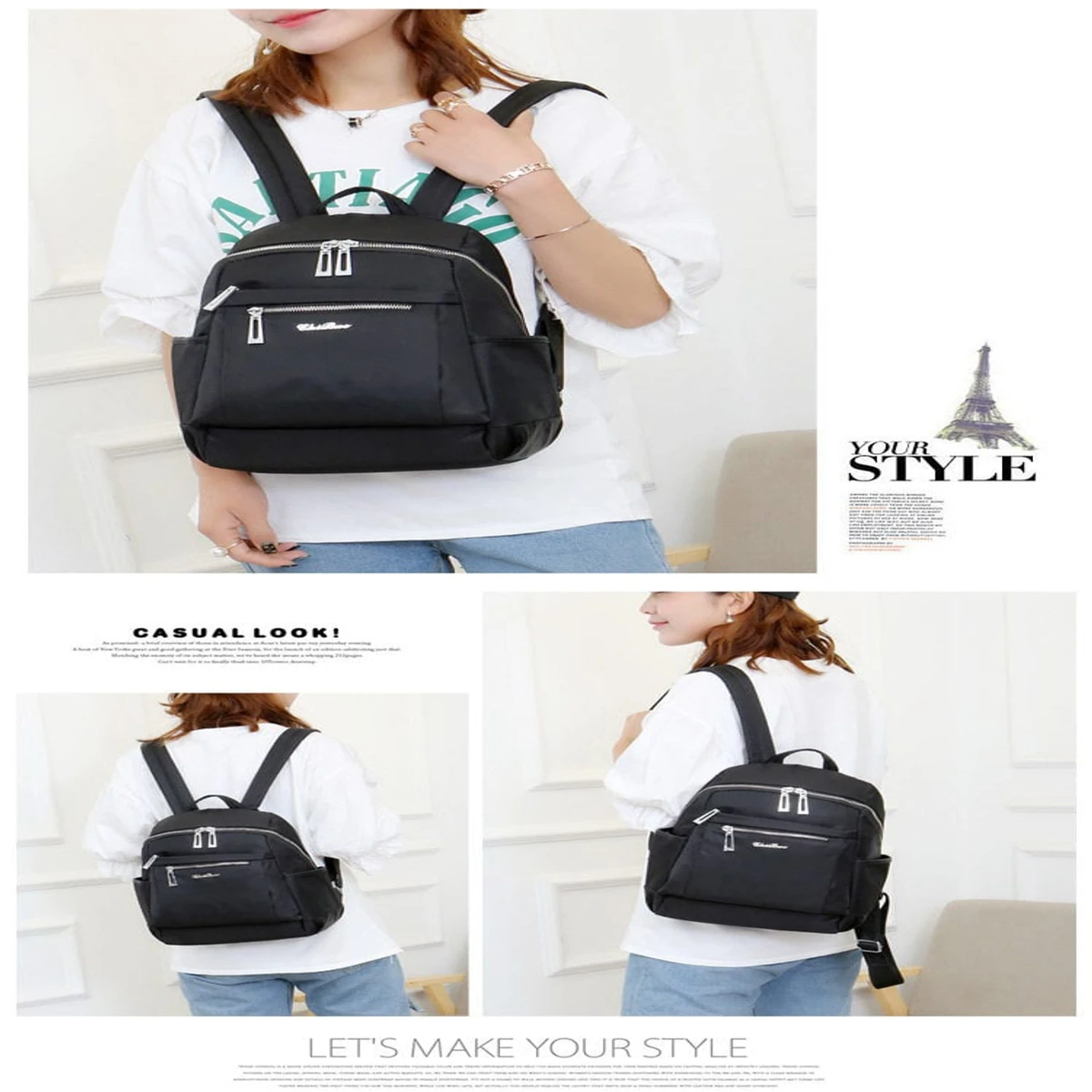 Nylon Backpack Durable Waterproof Casual Shoulder Bag (Black Color) - Image 3