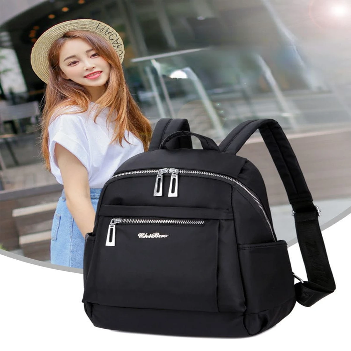 Nylon Backpack Durable Waterproof Casual Shoulder Bag (Black Color)