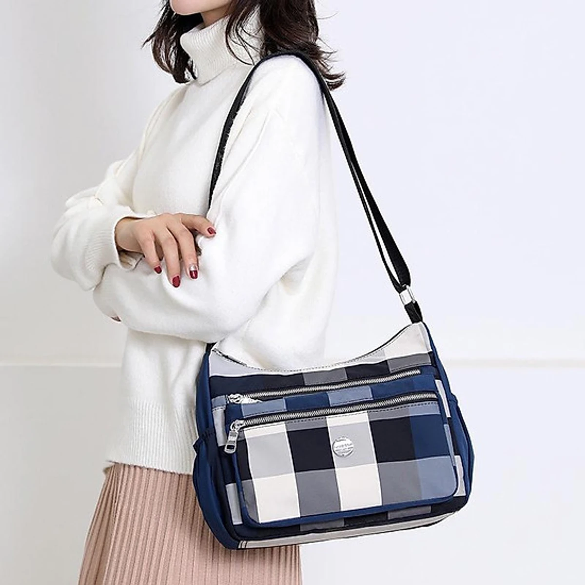 Chic Waterproof Plaid Multi Pocket Crossbody Hobo Bag(blue Color) - Image 3